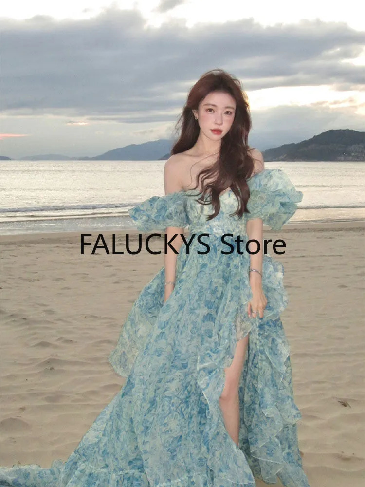Basic Casual Dresses 2023 Summer Elegant Evening Party Dress Short Puff Sleeve Khaki Print Organza Women Floor Length Overlength Princess Long 231020