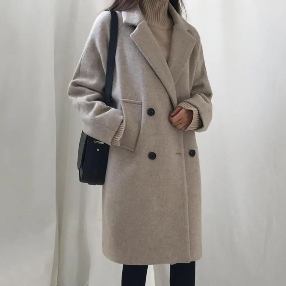Women's Jackets Spring Woolen Trench Coat Long-sleeved Jacket Thick Lapel Double-breasted Women's Winter Coat Plus Size Mid Length Solid Col