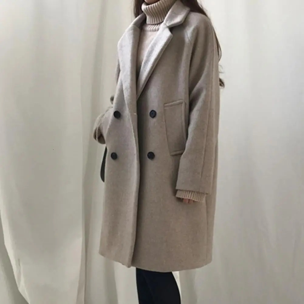 Women's Jackets Spring Woolen Trench Coat Long-sleeved Jacket Thick Lapel Double-breasted Women's Winter Coat Plus Size Mid Length Solid Col