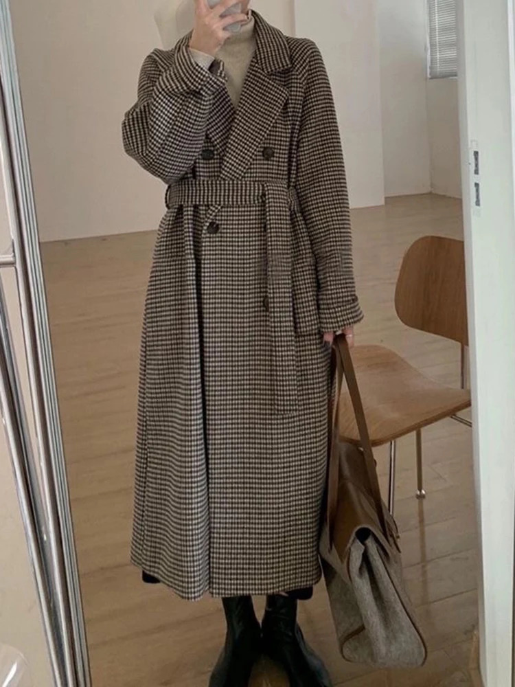 Womens Wool Blends Winter Thicken Warm Houndstooth Print Long Blend Coat Allmatch Loose Singlebreasted Belt Jackets Casual Coats 231020