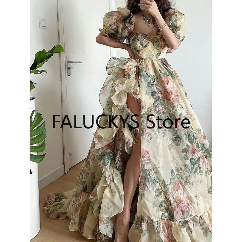 Basic Casual Dresses 2023 Summer Elegant Evening Party Dress Short Puff Sleeve Khaki Print Organza Women Floor Length Overlength Princess Long 231020