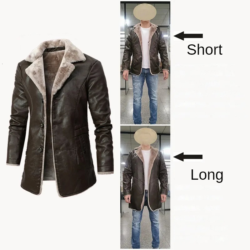 Men's Leather Faux Winter Warm Fleece Jacket Fashion Business Casual Middle and Long Suit Collar Windbreaker PU Coats 231020