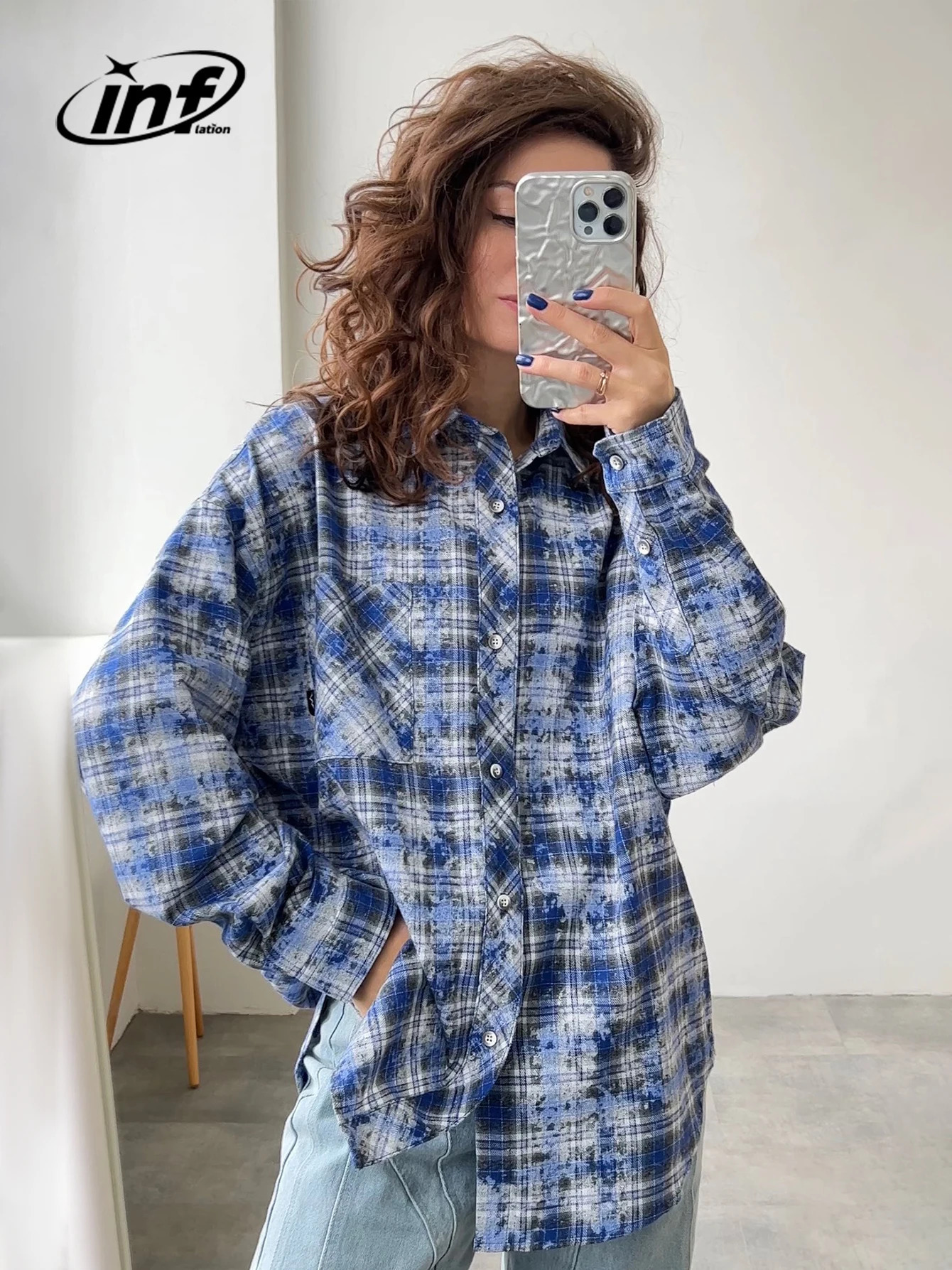 Men's Casual Shirts INFLATION Brushed Check Shirts Men Blue Plaid Long Sleeve Oversized Shirts Male Plus Size 231020