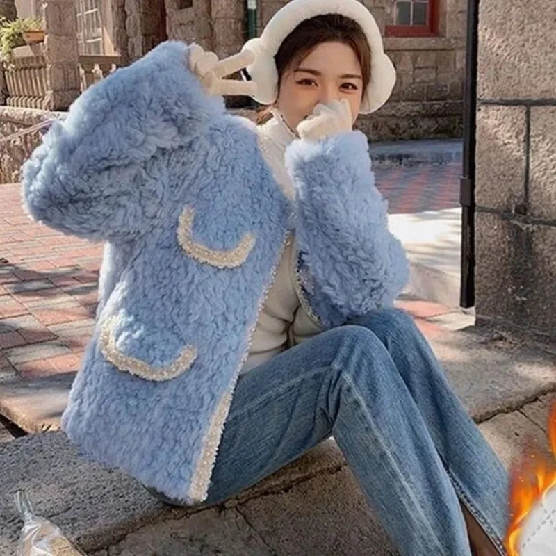 Women's Jackets Korean Fashion Faux Lamb Woolen Coats Women Autumn Winter Elegant Warm Thick Beading Outerwear Girls Sweet Streetwear Tops 231020