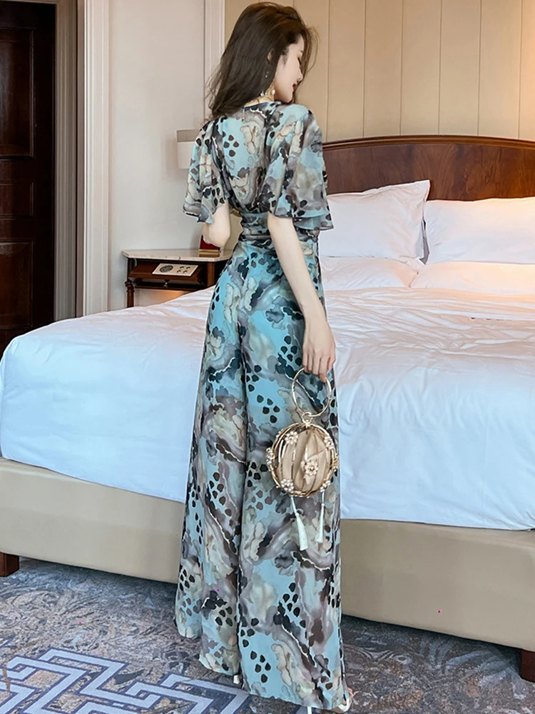 Two Piece Dress Elegant 2 Piece Outfits Women Leopard Print Chiffon Short Tops Blouse Femme Wide Leg Split Pants Sets Lady Sexy Holiday Beach 2024