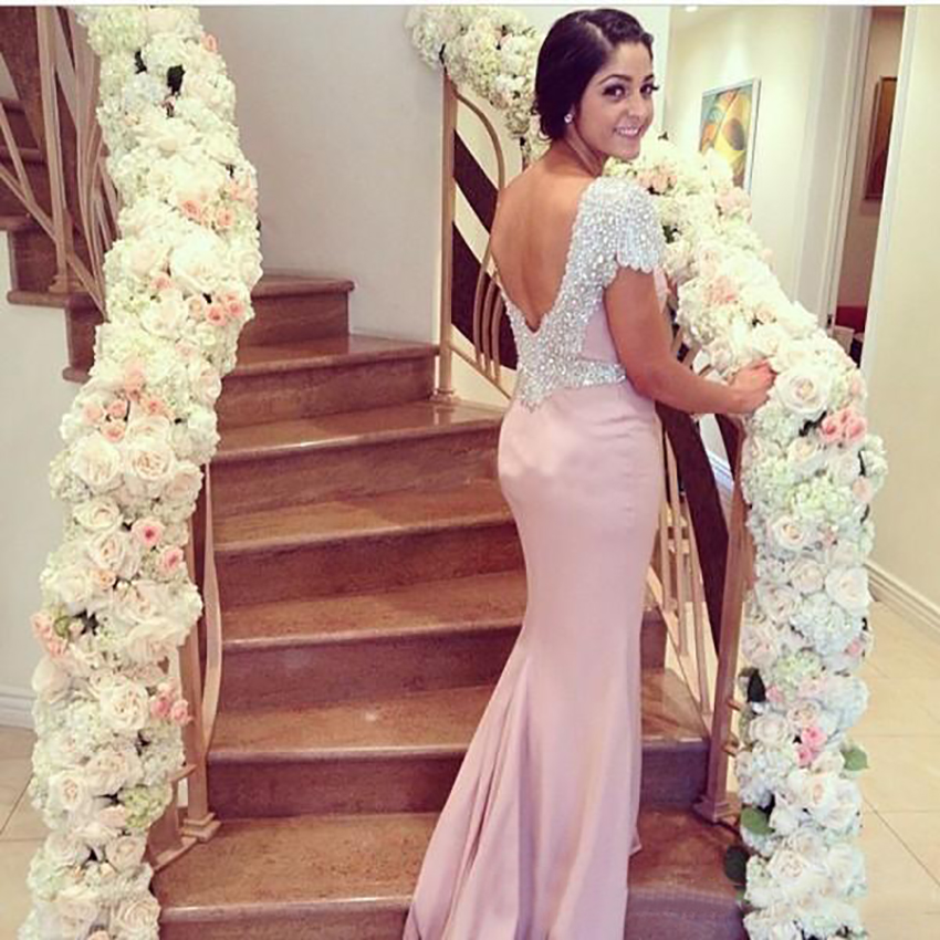 2023 Luxury Bridesmaid Dresses Elegant Mermaid Backless Wedding Party Gowns Beaded Cap Sleeves Long Formal Evening Prom Party Dress with Train