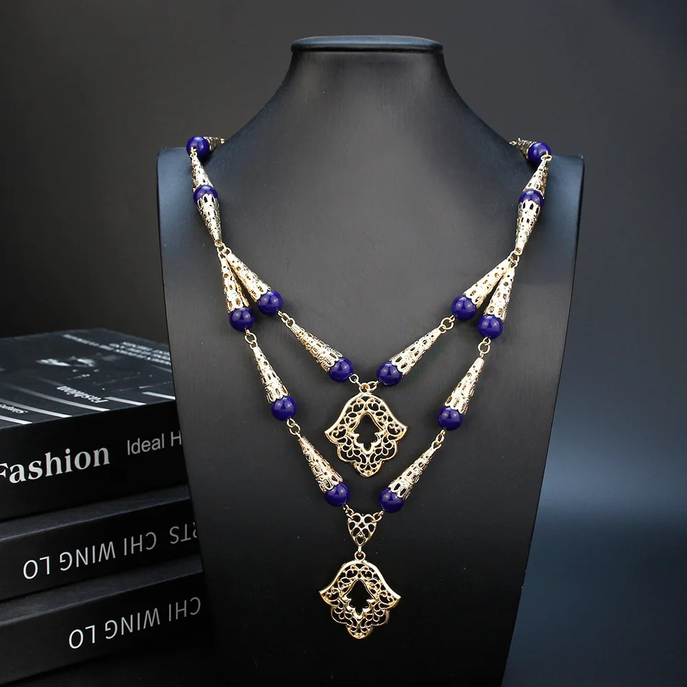 Pendant Necklaces Neovisson High Quality Gold Color Algeria Beaded Necklace for Women Double Layer Chain Morocco Jewelry Natural Stone Gift 231021