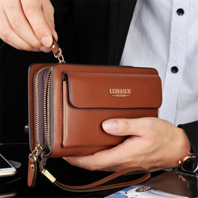 Factory wholesale men bag Joker zipper solid color leather wrist bags multi-card long three colors mens handbag fashion business leathers storage wallet 8222#