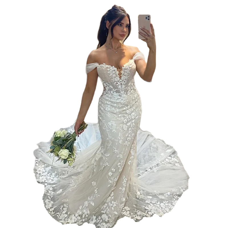 2024 Country Lace Mermaid Wedding Dresses Applique Off the Shoulder Long Ivory Beach Bridal Gowns Backless Summer Elegant Bride Dress