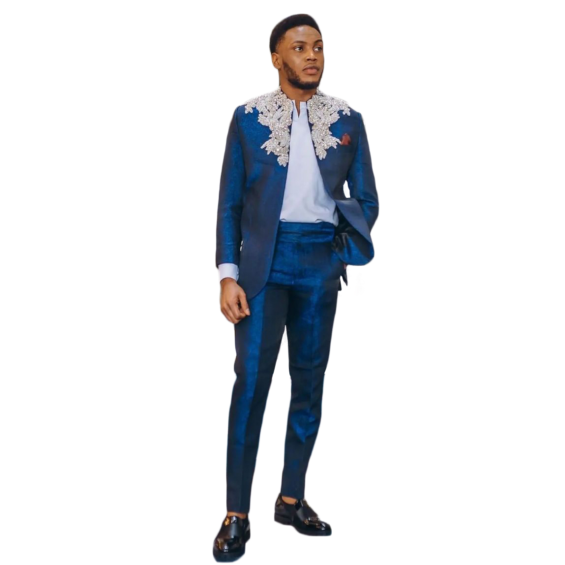 Beading Men Wedding Suit 2 Pieces Navy Blue Appliques Formal Groom Tuxedos Slim Fit Custom Made Pants Suits Jacket