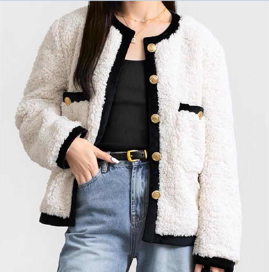 Autumn/Winter New Maj-e Eco friendly Lamb Fleece Splice Gold Button Loose Short Coat for Women