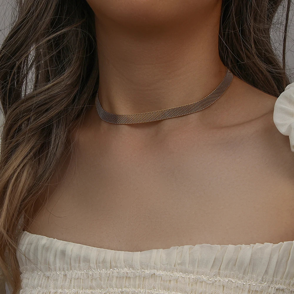 Chokers 3 Layers Gold Plating Stainless Steel Anti-allergy Eco-friendly Wide Braided Mesh Chain Gold Choker Necklaces For Women 231021