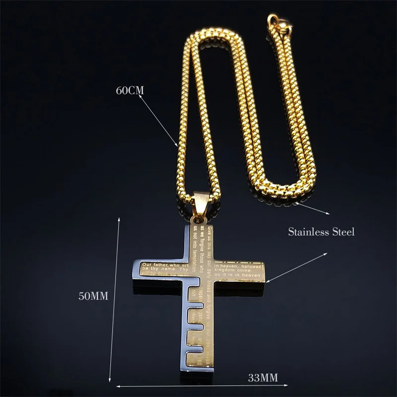 Chokers Christian Jesus Cross Necklace Chain for Men Stainless Steel Gold Color Bible Prayer Man Male Jewelry collar hombre N2005S02 231021