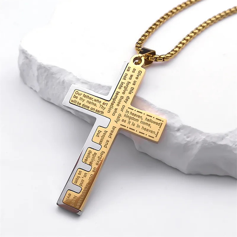Chokers Christian Jesus Cross Necklace Chain for Men Stainless Steel Gold Color Bible Prayer Man Male Jewelry collar hombre N2005S02 231021