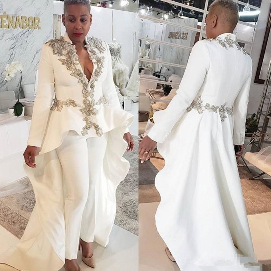 Modern Women Prom Dresses Golden Lace Appliques 2 Pieces Mother Of The Bride Pants Suits Long Sleeves Deep V-Neck Special Occasion Evening Formal Wear