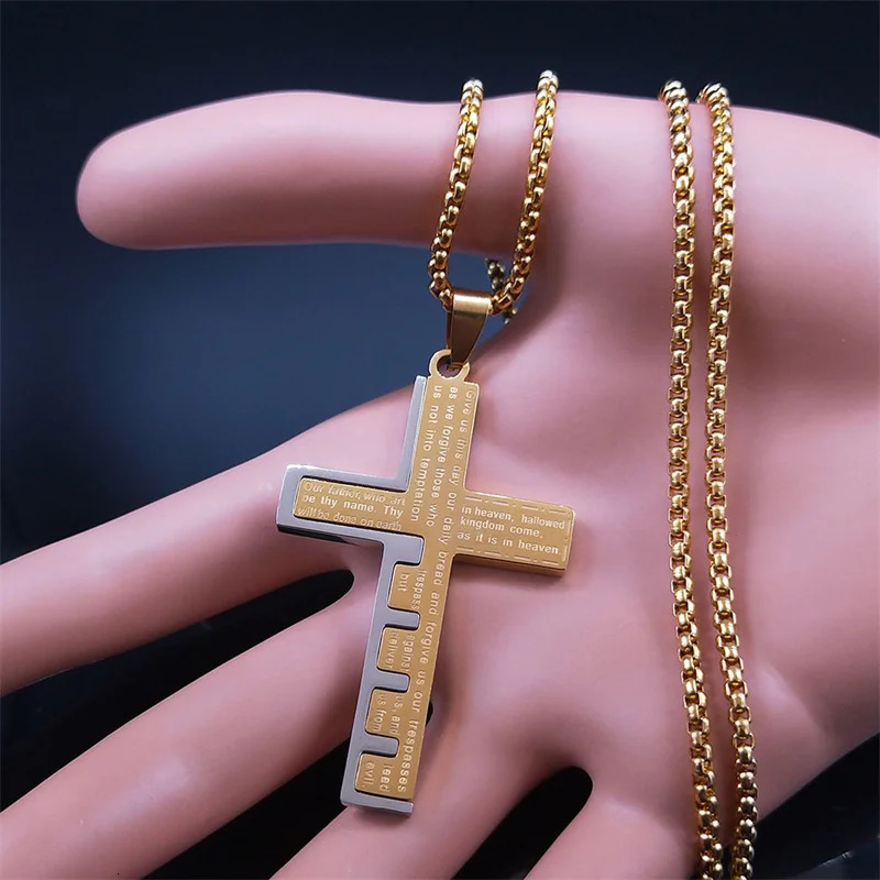Chokers Christian Jesus Cross Necklace Chain for Men Stainless Steel Gold Color Bible Prayer Man Male Jewelry collar hombre N2005S02 231021