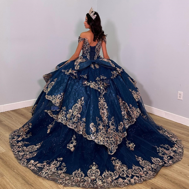 Navy Blue Shiny Quinceanera Dresses With Gold Appliques Lace Beads Lace-Up Sleeveless Corset Prom Sweet 16 Vestido De 15 Anos