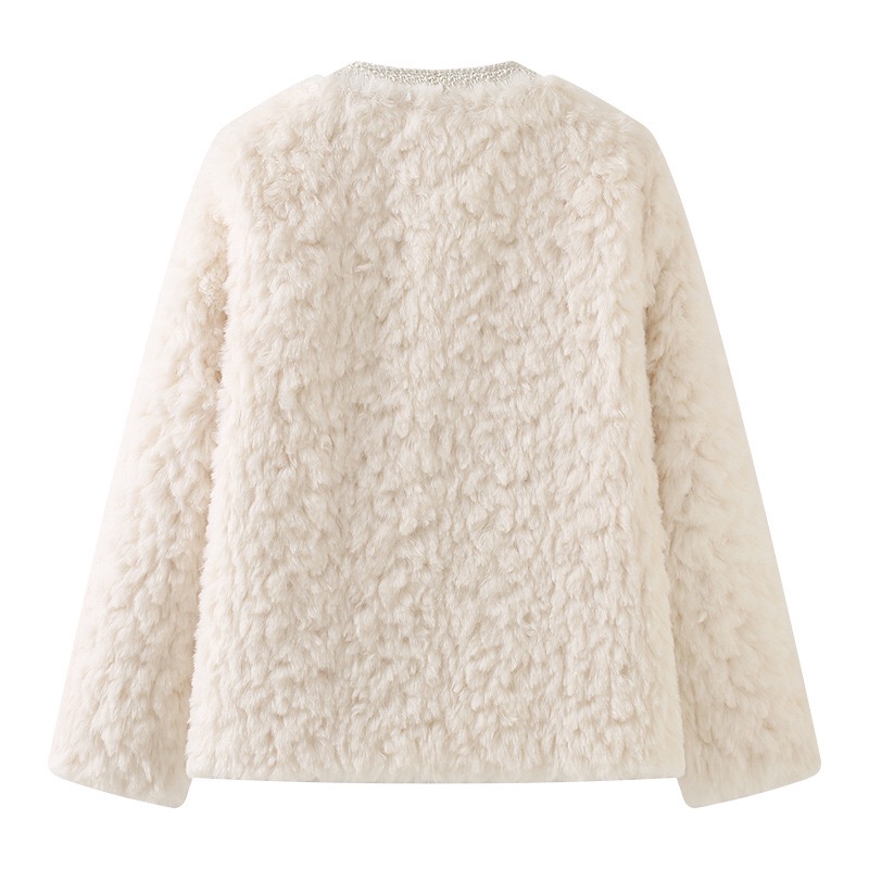 New Winter Maje Eco friendly Plush Splice Gold Button Pocket Loose Short Coat for Women