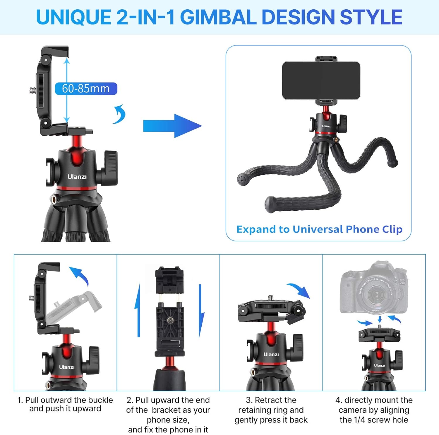 Camera Flexible Tripod ULANZI MT-33 Mini Tabletop Tripod Selfie Stick with 1/4" Screw For iPhone 11 12 mini Pro 13 14 XR XS MAX Samsung A52 A53 A