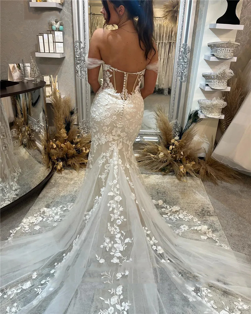2024 Country Lace Mermaid Wedding Dresses Applique Off the Shoulder Long Ivory Beach Bridal Gowns Backless Summer Elegant Bride Dress