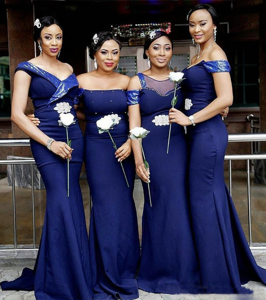2023 Navy Blue 4 Styles Bridesmaid Dresses Sexy Off Shoulder Mermaid Satin Maid Of Honor Gowns Floor Length Wedding Guest Formal Party Dress