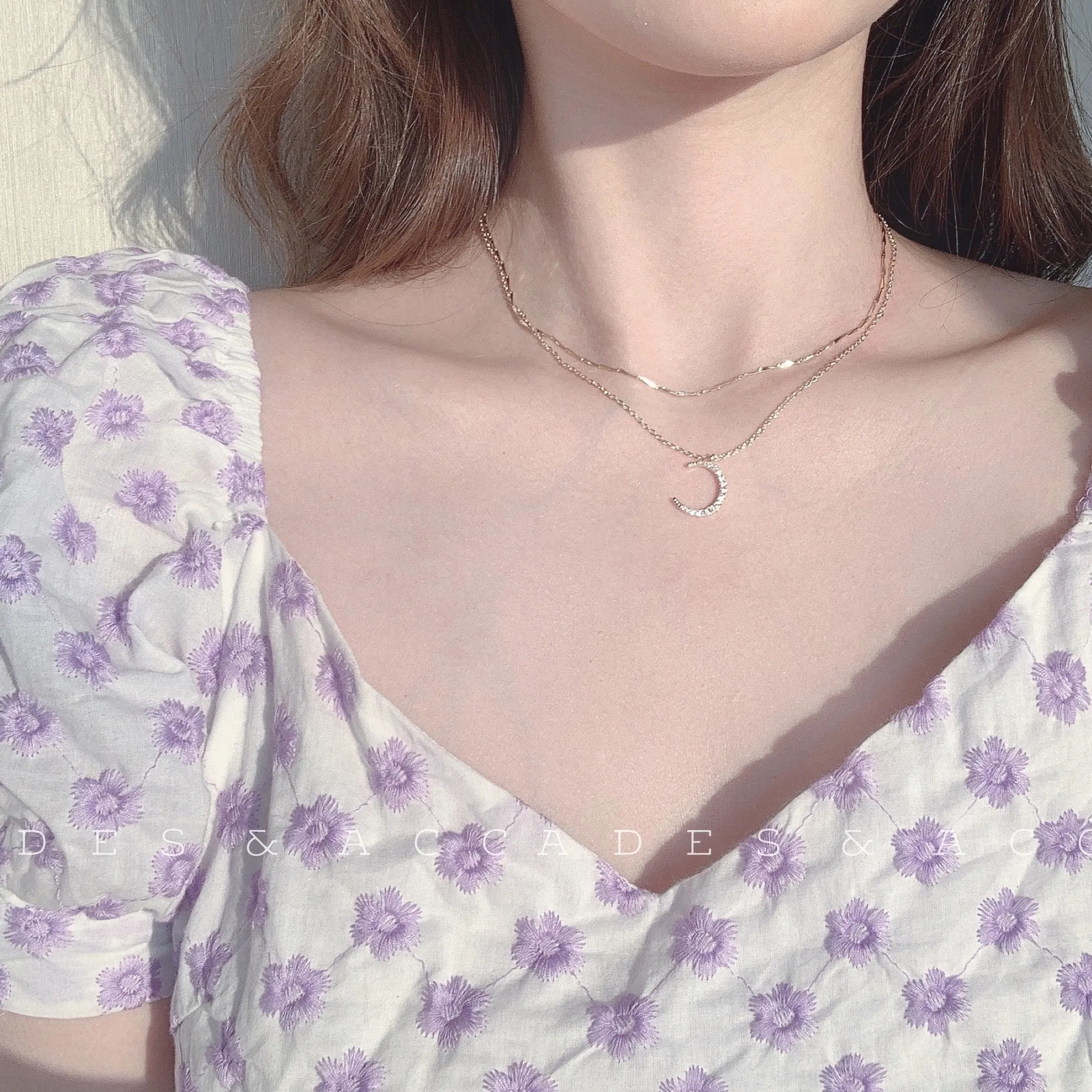 Chokers High Quality Korean 14k Gold Plated Fine Jewelry Women Fairy Double Chains Necklaces for Female Star Moon Pendant Mom Gifts 231021