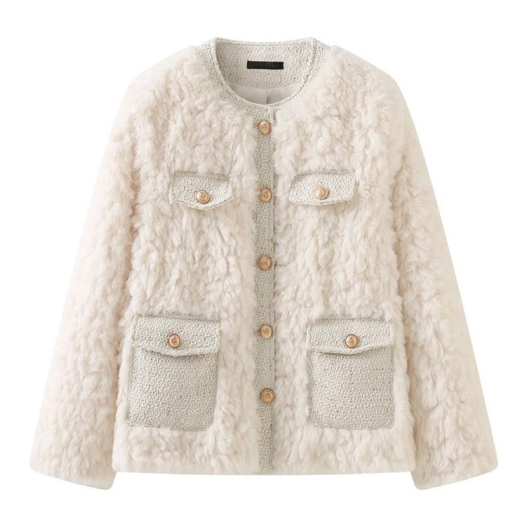 New Winter Maje Eco friendly Plush Splice Gold Button Pocket Loose Short Coat for Women