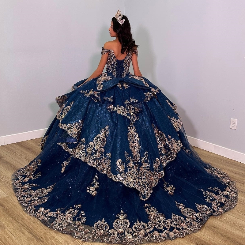 Navy Blue Shiny Quinceanera Dresses With Gold Appliques Lace Beads Lace-Up Sleeveless Corset Prom Sweet 16 Vestido De 15 Anos