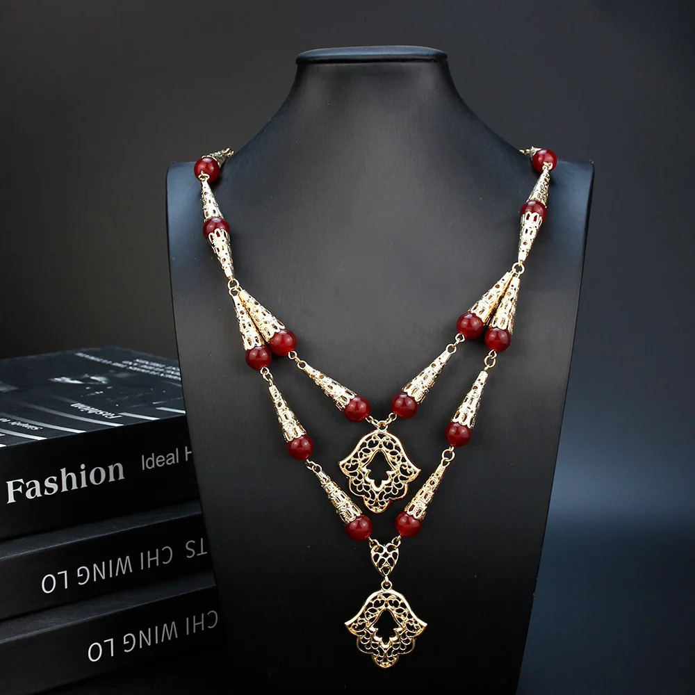 Pendant Necklaces Neovisson High Quality Gold Color Algeria Beaded Necklace for Women Double Layer Chain Morocco Jewelry Natural Stone Gift 231021