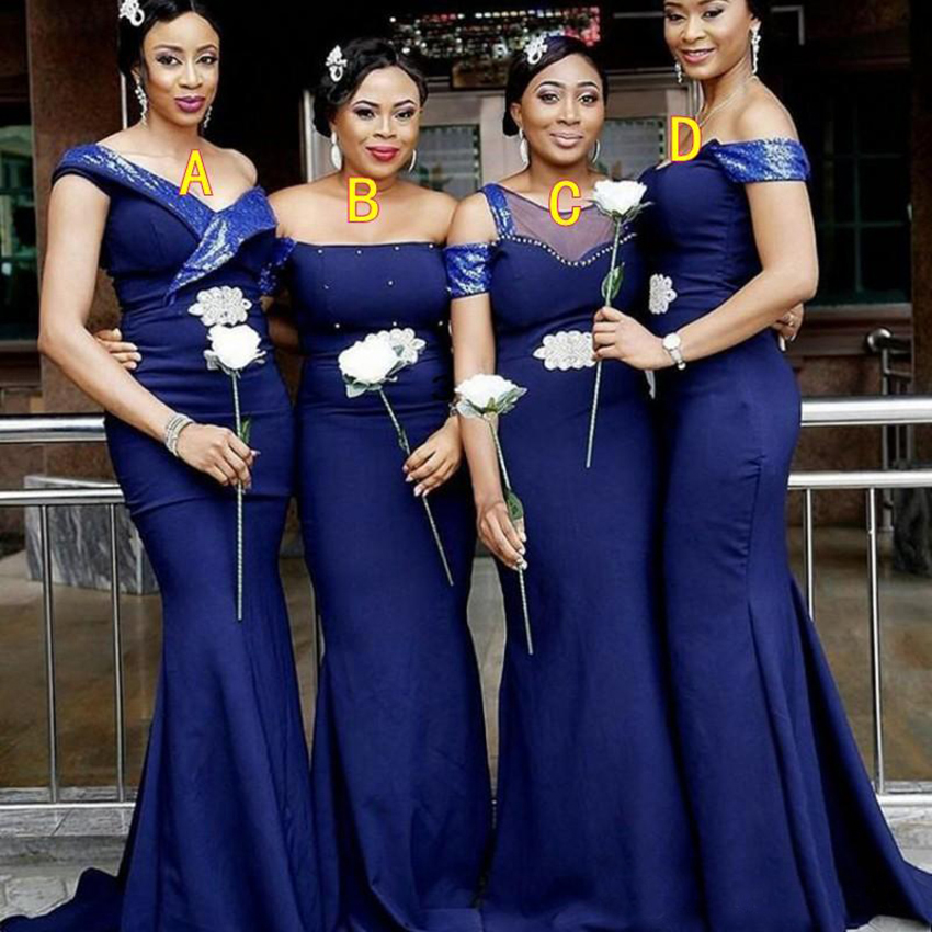 2023 Navy Blue 4 Styles Bridesmaid Dresses Sexy Off Shoulder Mermaid Satin Maid Of Honor Gowns Floor Length Wedding Guest Formal Party Dress