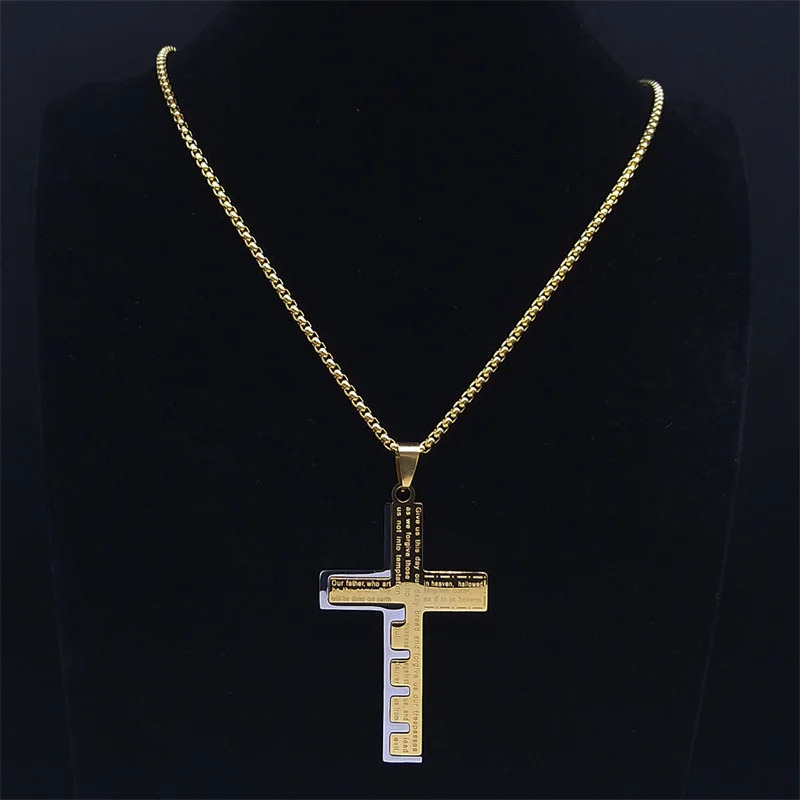 Chokers Christian Jesus Cross Necklace Chain for Men Stainless Steel Gold Color Bible Prayer Man Male Jewelry collar hombre N2005S02 231021