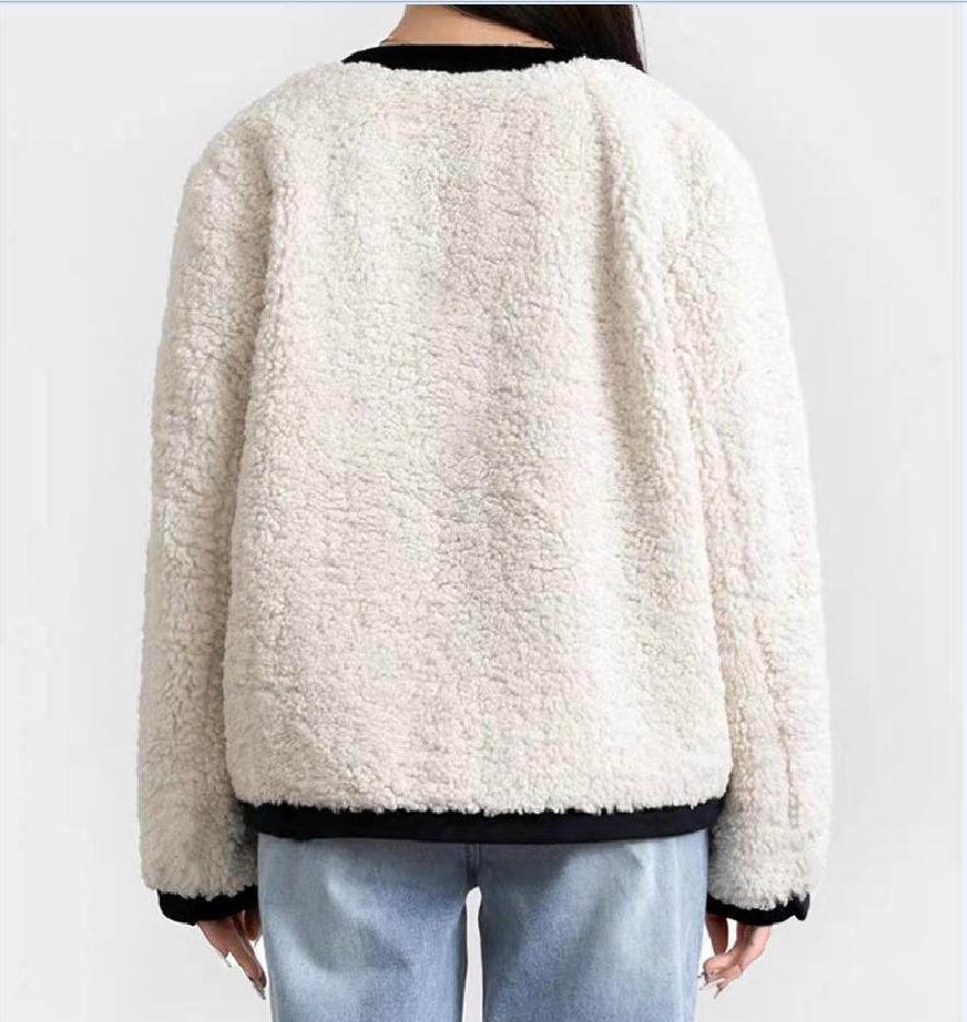 Autumn/Winter New Maj-e Eco friendly Lamb Fleece Splice Gold Button Loose Short Coat for Women