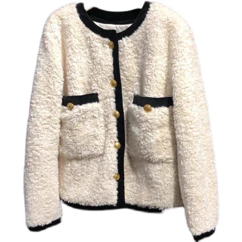 Autumn/Winter New Maj-e Eco friendly Lamb Fleece Splice Gold Button Loose Short Coat for Women