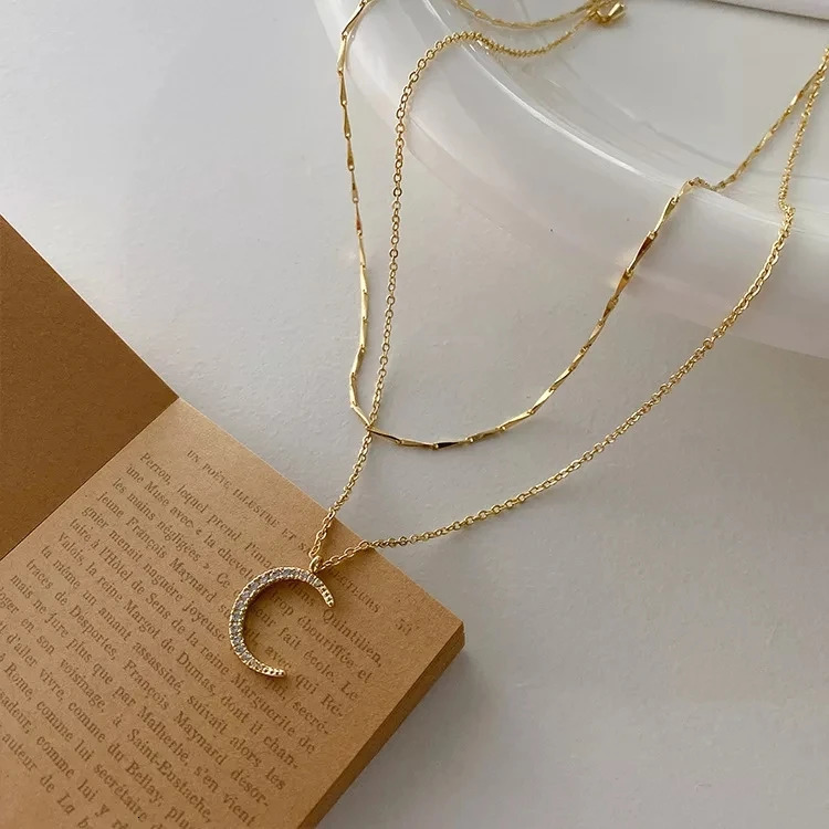 Chokers High Quality Korean 14k Gold Plated Fine Jewelry Women Fairy Double Chains Necklaces for Female Star Moon Pendant Mom Gifts 231021