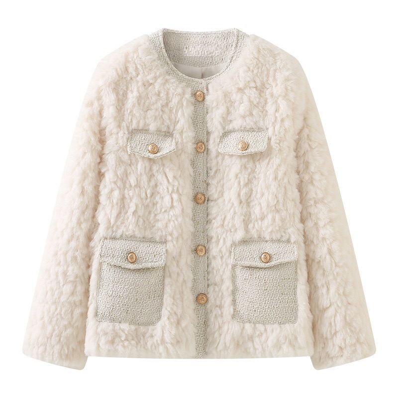 New Winter Maje Eco friendly Plush Splice Gold Button Pocket Loose Short Coat for Women