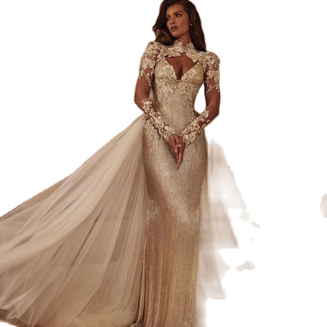 Dubai Mermaid Wedding Dresses 3D Flowers Appliques High Neck Long Sleeve Bridal Gowns Vestidos De Novia