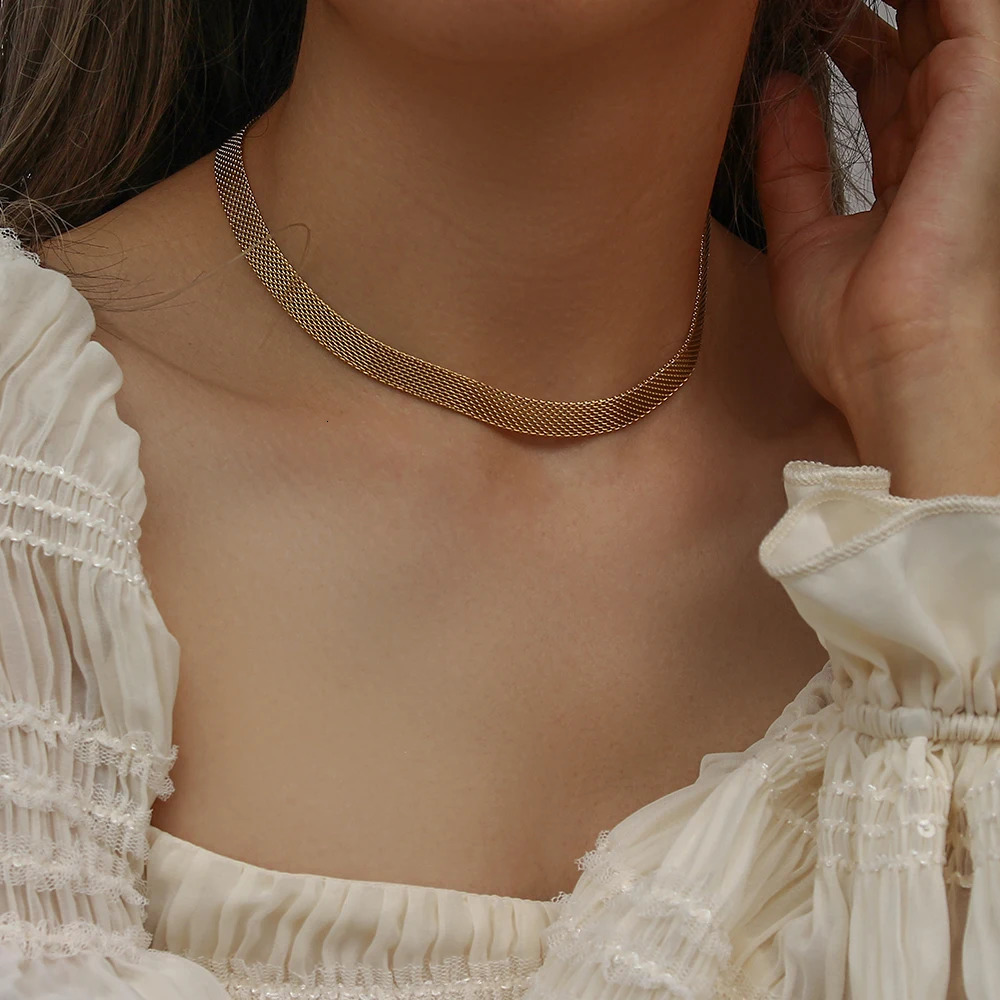 Chokers 3 Layers Gold Plating Stainless Steel Anti-allergy Eco-friendly Wide Braided Mesh Chain Gold Choker Necklaces For Women 231021