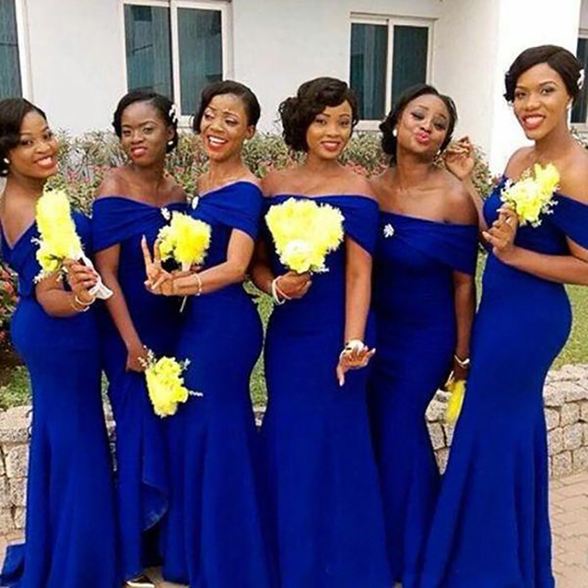 African Royal Blue Bridesmaid Dresses Mermaid 2023 Off The Shoulder Floor Length Black Girl Long Bridesmaid Dress For Wedding Guest Gowns