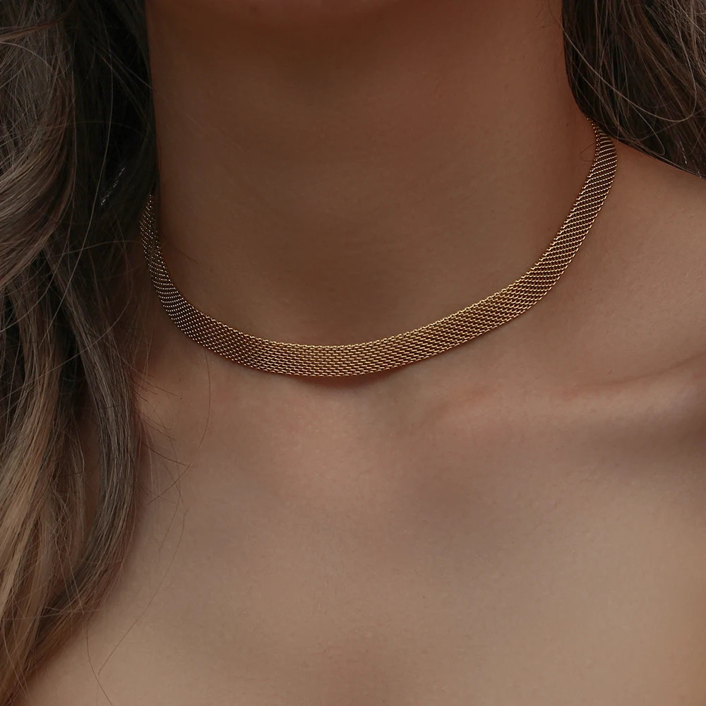 Chokers 3 Layers Gold Plating Stainless Steel Anti-allergy Eco-friendly Wide Braided Mesh Chain Gold Choker Necklaces For Women 231021