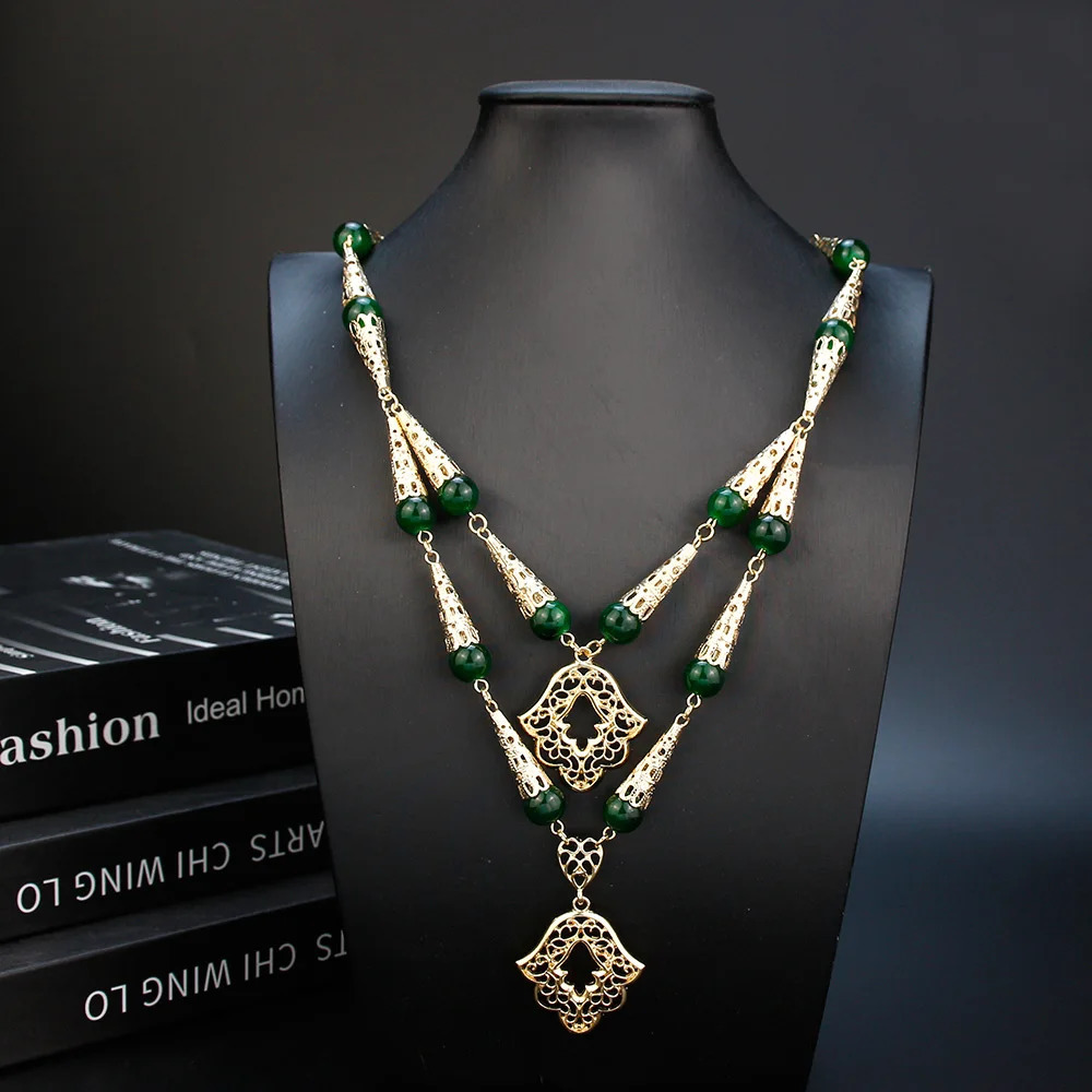 Pendant Necklaces Neovisson High Quality Gold Color Algeria Beaded Necklace for Women Double Layer Chain Morocco Jewelry Natural Stone Gift 231021