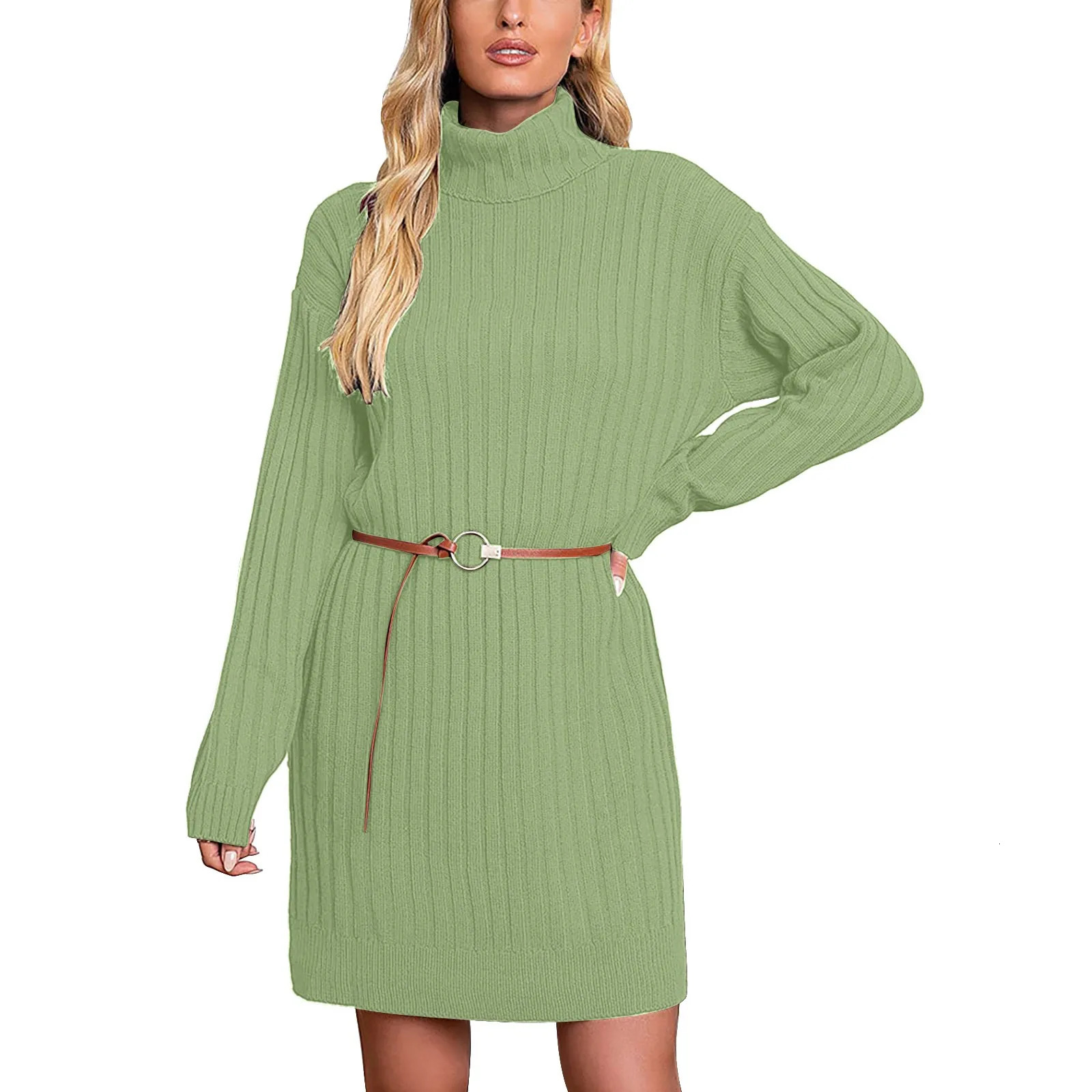 Women's Sweaters Women's High Neck Mid Length Sweater Knit Dress Wrap V Neck Cute Fall Dress 231023