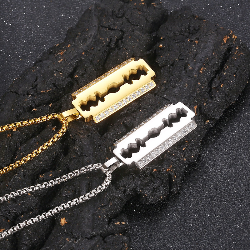 Vintage Blade Pendant Necklace with Chain 18k Gold Plated Stainless Steel Cool Men Jewelry
