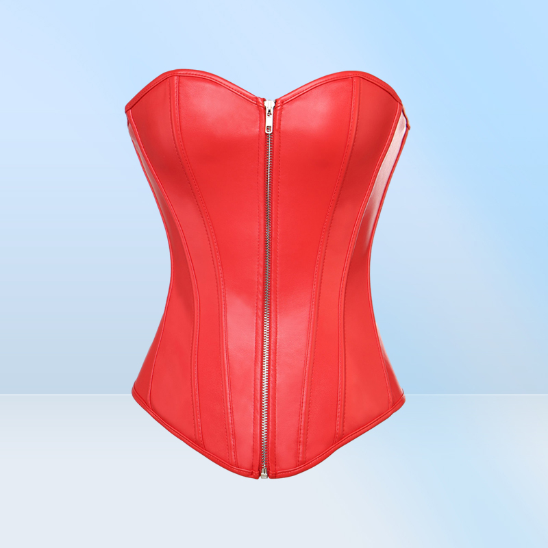 PVC Faux Leather Overbust Corset Bustier S6XL Plus Size Women Front Zipper Corset Push up Bra Red Black LC52235286198