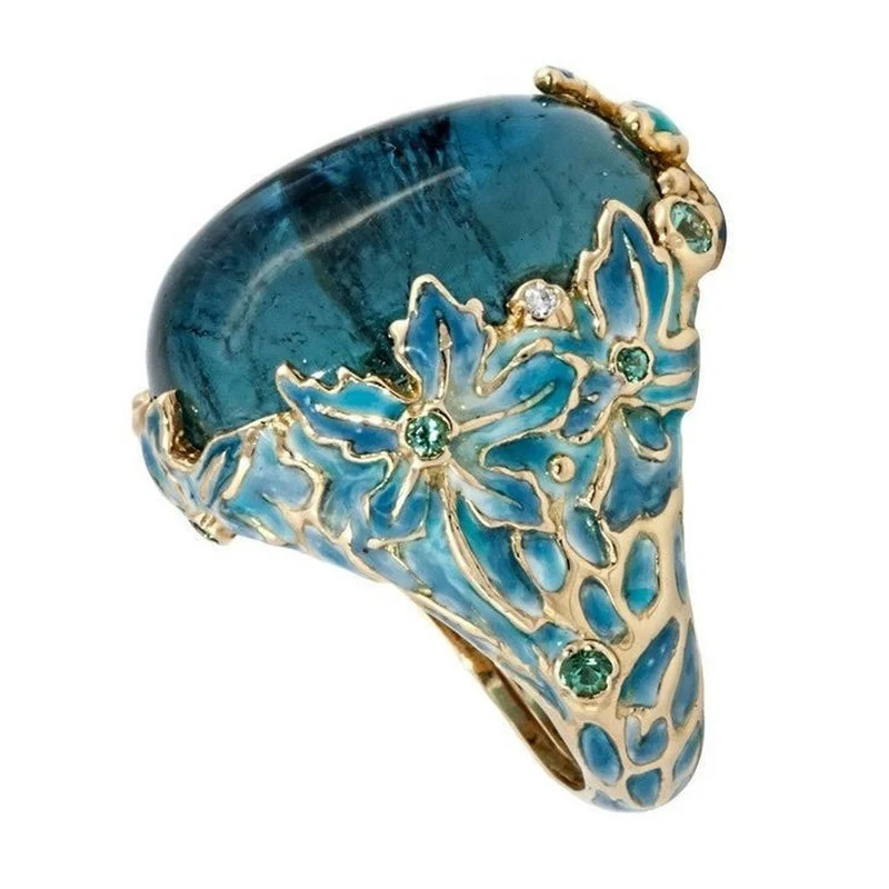 Band Rings Elegant Women Fashion Gold Color Carving Enamel Flower Rings for Women Creativity Inlaid Blue Stone Engagement Ring Jewelry 231021