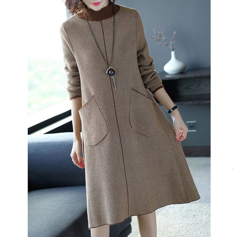 Women's Sweaters Winter Houndstooth Loose Knitted Turtleneck Sweater Dresses Autumn Casual Elegant Bodycon Women 3XL Wool Sweaters 231023