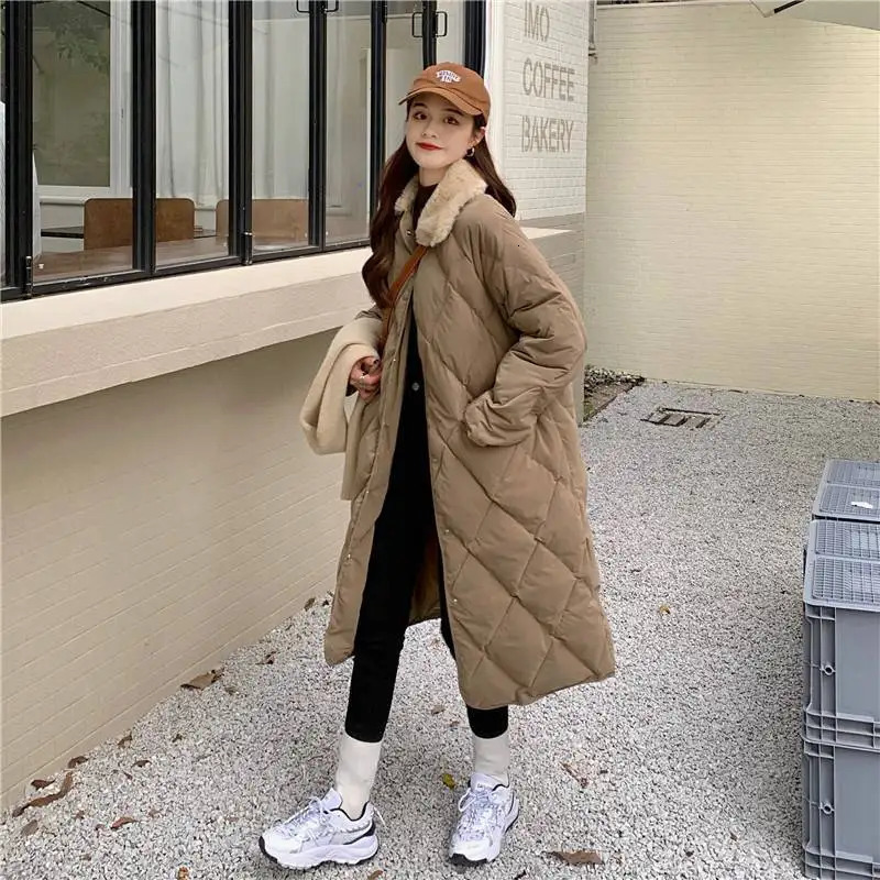 Women's Down Parkas Fur Collar Oversize Rhombus Pattern Long Pocket Female Warm Cotton Overcoat Single Breasted 231023Z