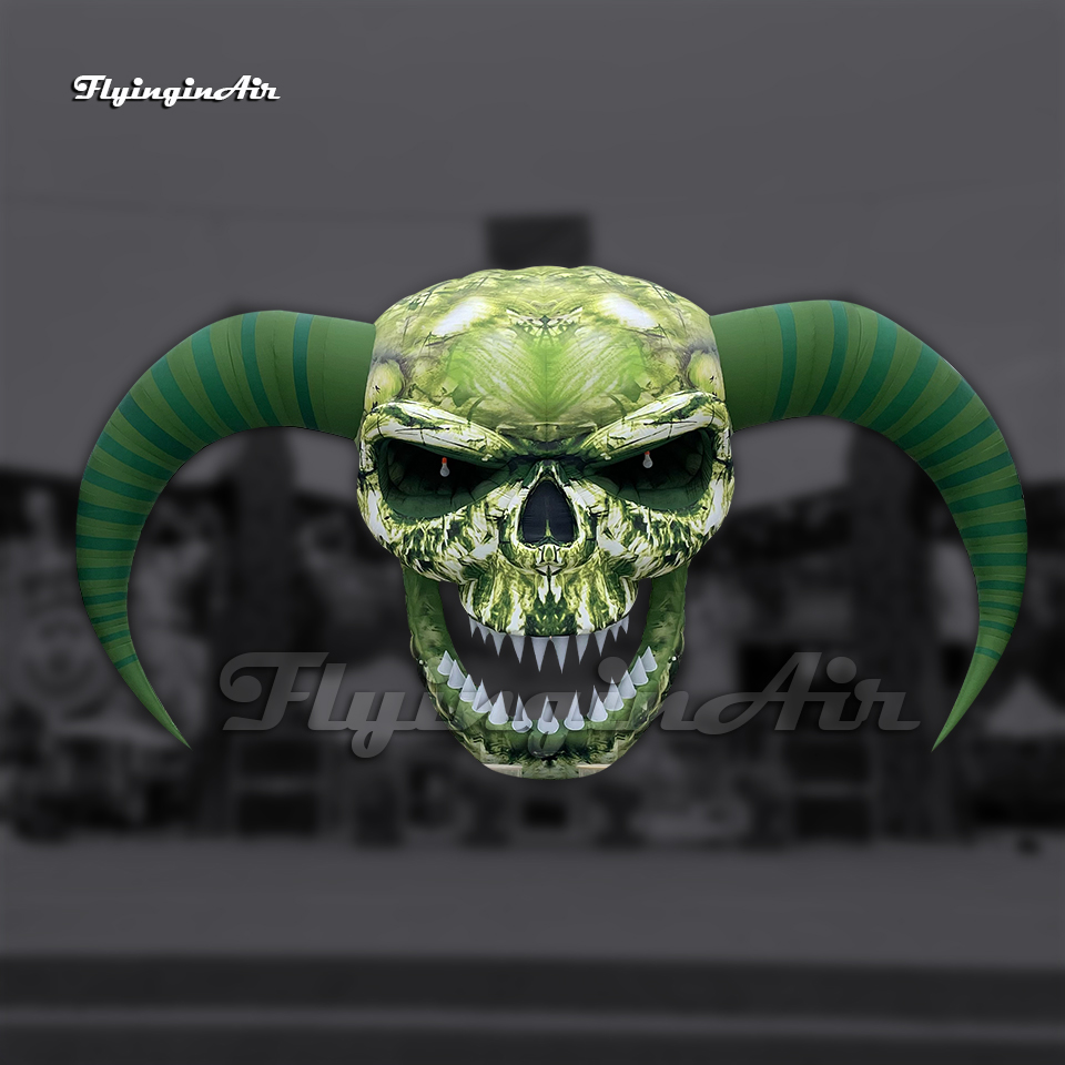 Scary Hanging Green Inflatable Skull Lighting Horned Demon Head Air Blow Up Devil Face For Halloween Party And Club Event