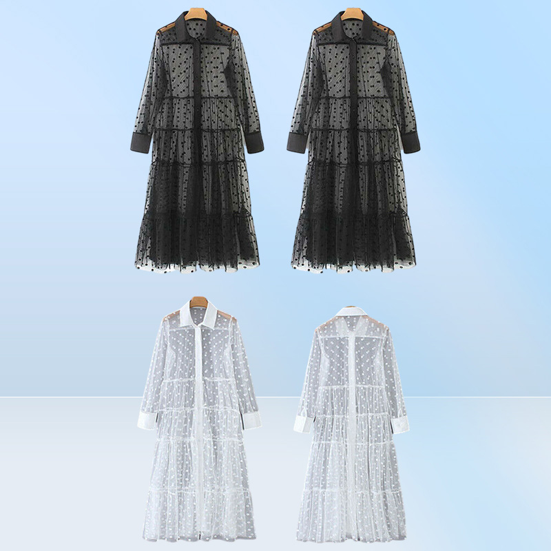 Women dress Mesh Sheer Transparent Polka Dot Lace Cover up V Neck Button Down Maxi Dress Seethrough Party Clubwear Beach Dresses