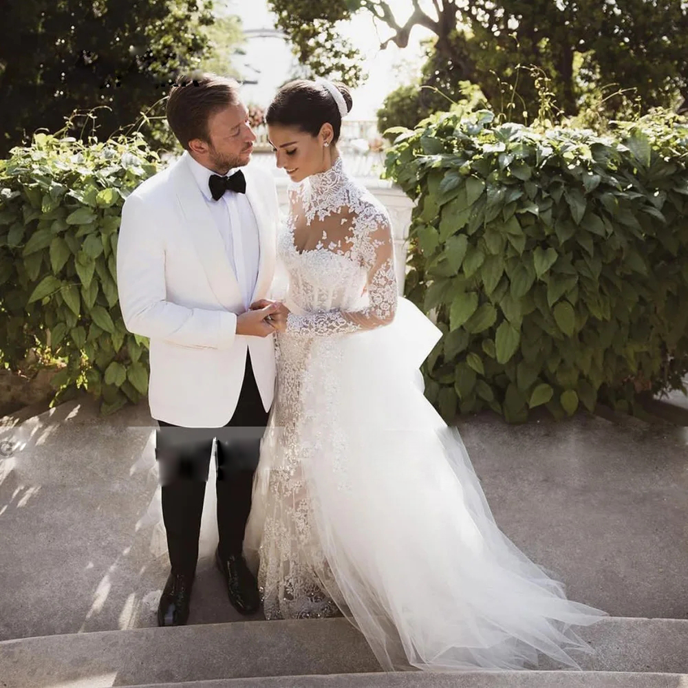 Romantic High Neck Lace Mermaid Wedding Dresses Keyhole Back Over-Skirt Woman Bride Gown Detachable Train Robe De Mariee