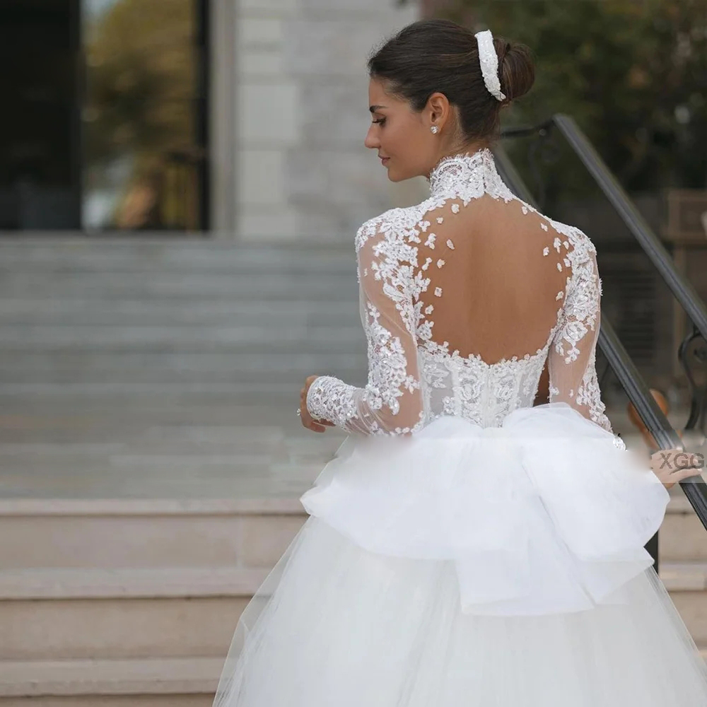 Romantic High Neck Lace Mermaid Wedding Dresses Keyhole Back Over-Skirt Woman Bride Gown Detachable Train Robe De Mariee